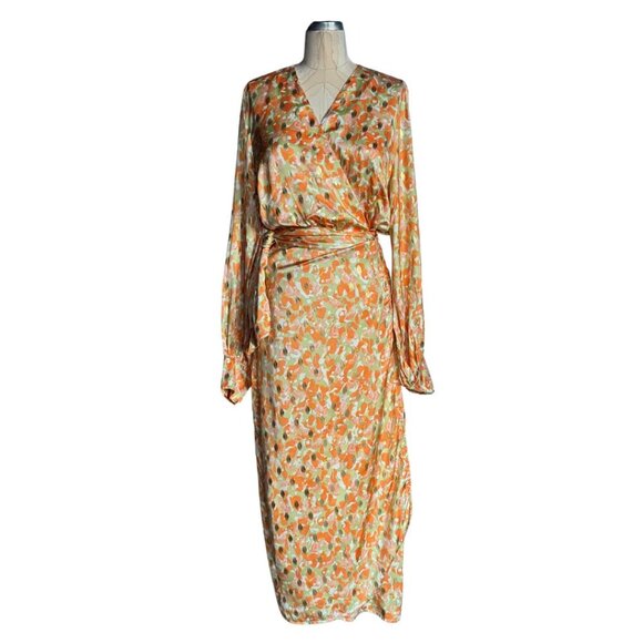 Never Fully Dressed Satin Wrap Vienna Midi Dress In Pastel Gold Mix Size US 8 - Picture 2 of 13